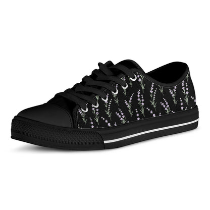 Lavender Flowers Pattern Print Black Low Top Shoes
