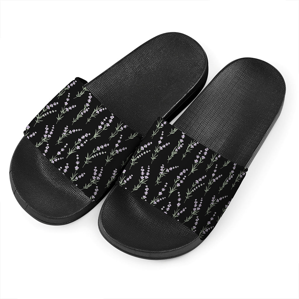 Lavender Flowers Pattern Print Black Slide Sandals