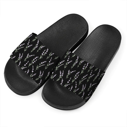 Lavender Flowers Pattern Print Black Slide Sandals