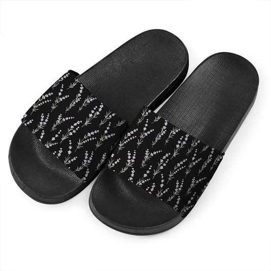 Lavender Flowers Pattern Print Black Slide Sandals
