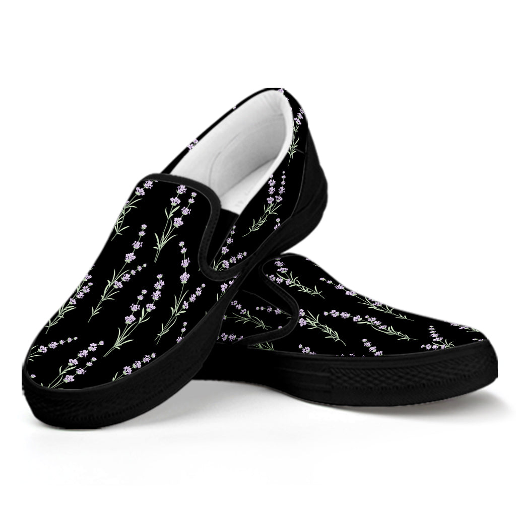 Lavender Flowers Pattern Print Black Slip On Shoes
