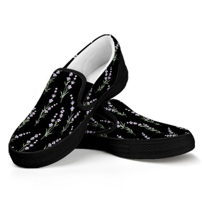 Lavender Flowers Pattern Print Black Slip On Shoes