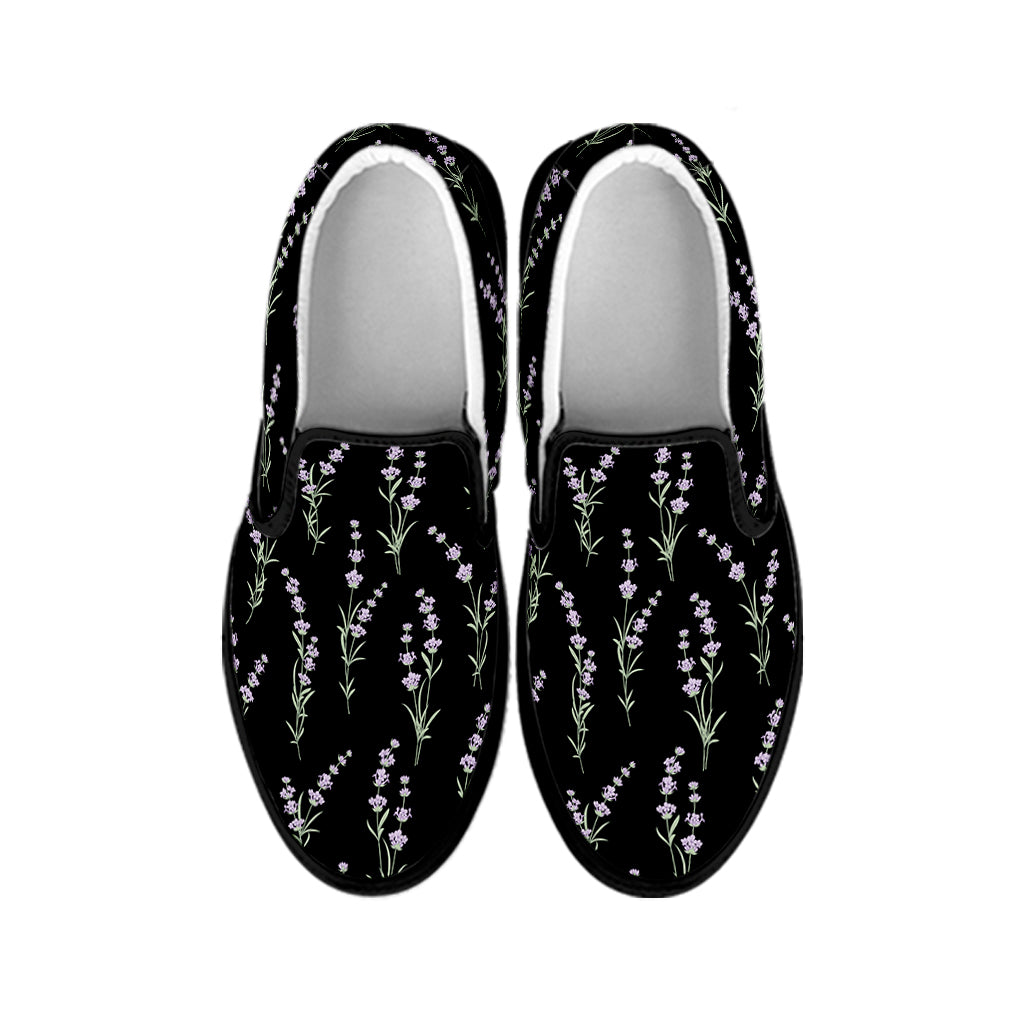 Lavender Flowers Pattern Print Black Slip On Shoes
