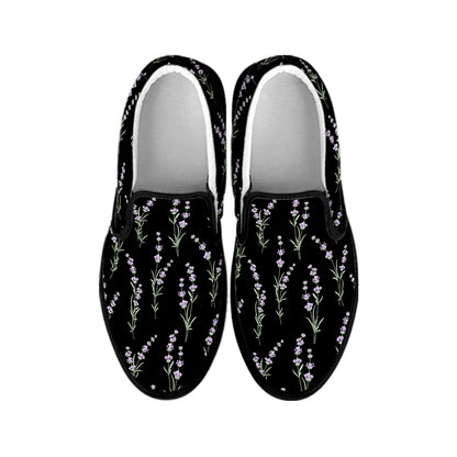 Lavender Flowers Pattern Print Black Slip On Shoes