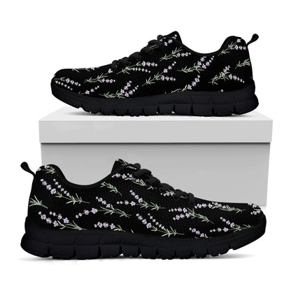 Lavender Flowers Pattern Print Black Sneakers