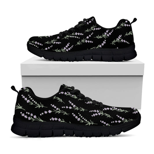 Lavender Flowers Pattern Print Black Sneakers