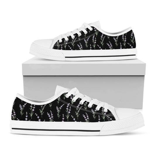 Lavender Flowers Pattern Print White Low Top Shoes