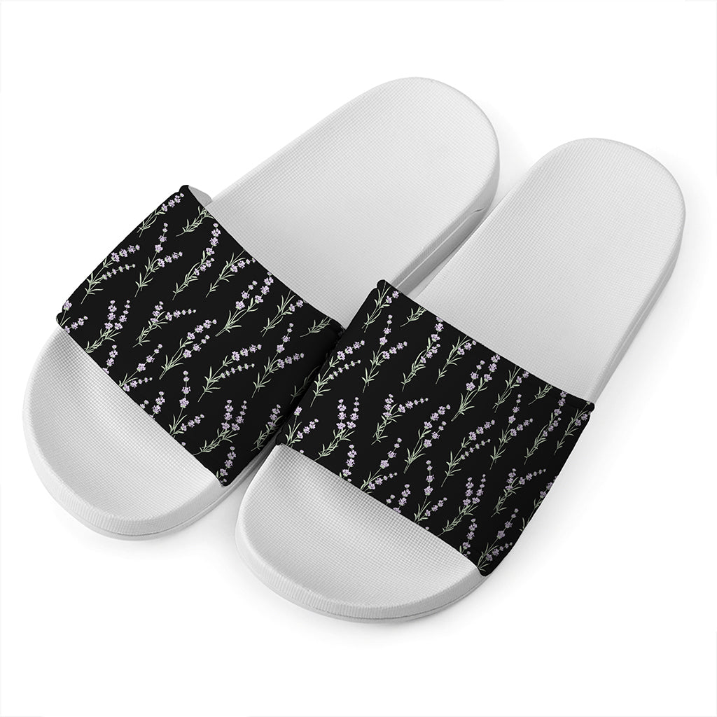 Lavender Flowers Pattern Print White Slide Sandals