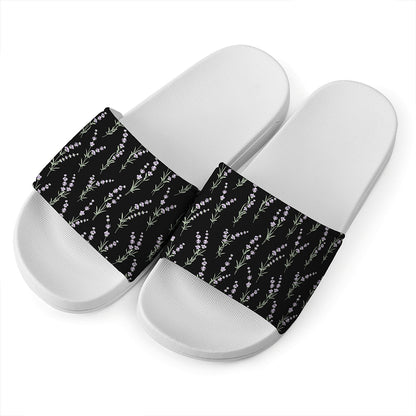 Lavender Flowers Pattern Print White Slide Sandals