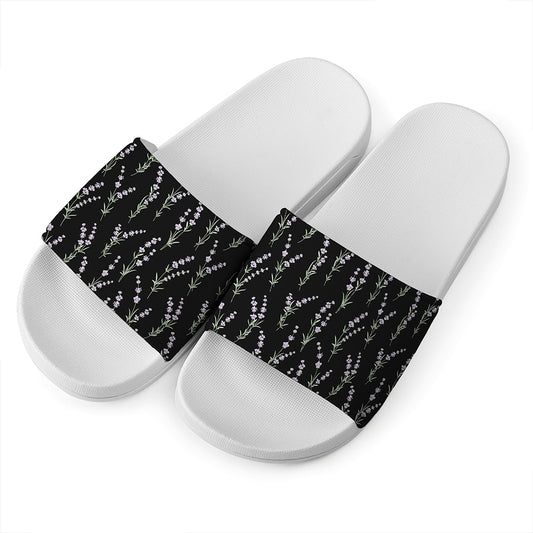 Lavender Flowers Pattern Print White Slide Sandals