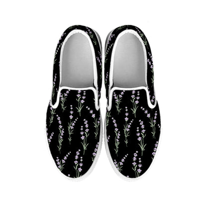 Lavender Flowers Pattern Print White Slip On Shoes