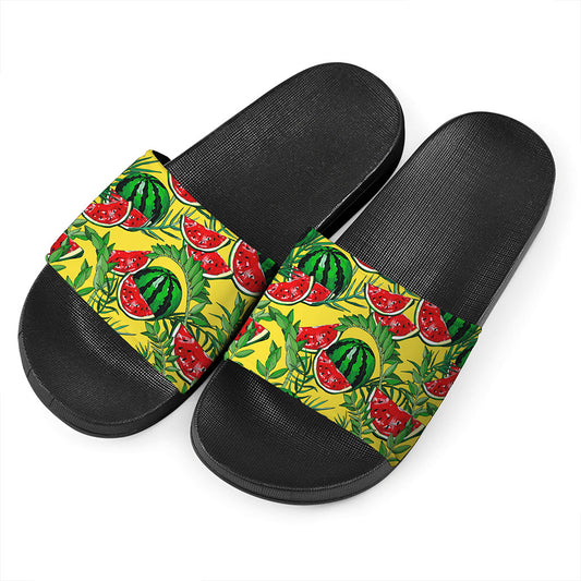 Leaf Watermelon Pieces Pattern Print Black Slide Sandals