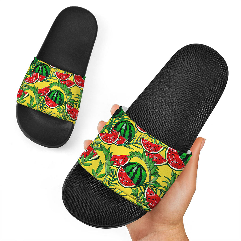 Leaf Watermelon Pieces Pattern Print Black Slide Sandals