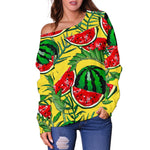 Leaf Watermelon Pieces Pattern Print Off Shoulder Sweatshirt GearFrost