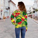 Leaf Watermelon Pieces Pattern Print Off Shoulder Sweatshirt GearFrost