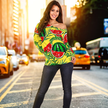 Leaf Watermelon Pieces Pattern Print Off Shoulder Sweatshirt GearFrost