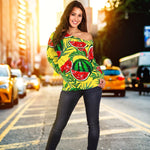 Leaf Watermelon Pieces Pattern Print Off Shoulder Sweatshirt GearFrost