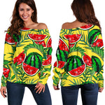 Leaf Watermelon Pieces Pattern Print Off Shoulder Sweatshirt GearFrost