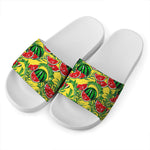 Leaf Watermelon Pieces Pattern Print White Slide Sandals