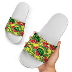 Leaf Watermelon Pieces Pattern Print White Slide Sandals