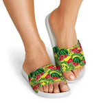 Leaf Watermelon Pieces Pattern Print White Slide Sandals