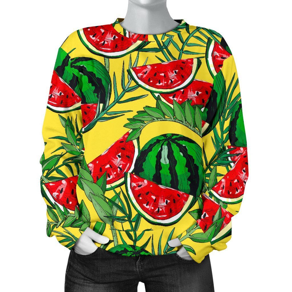 Leaf Watermelon Pieces Pattern Print Women's Crewneck Sweatshirt GearFrost