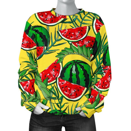 Leaf Watermelon Pieces Pattern Print Women's Crewneck Sweatshirt GearFrost