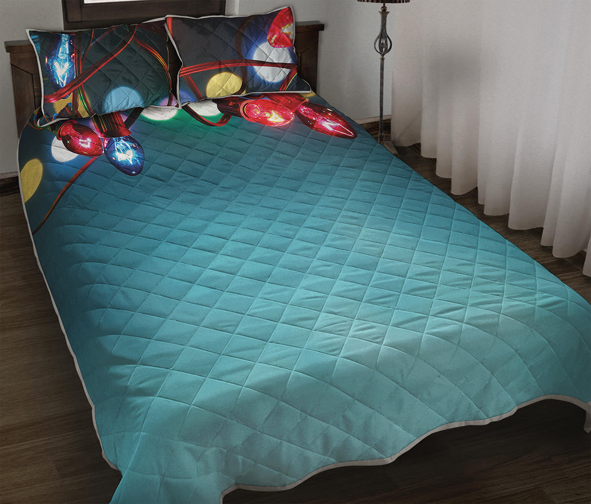 LED Christmas String Lights Print Quilt Bed Set