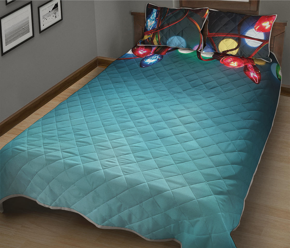 LED Christmas String Lights Print Quilt Bed Set