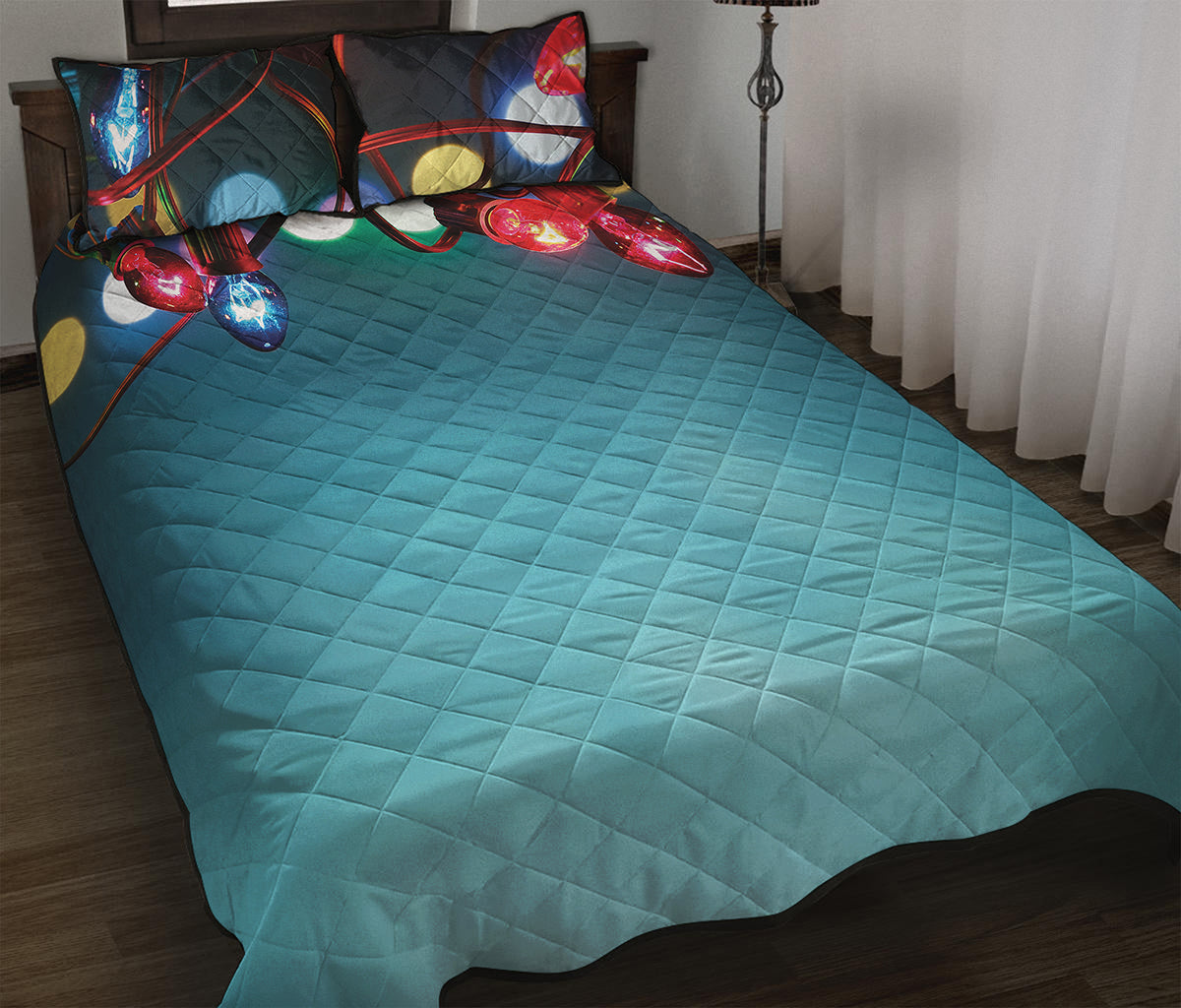 LED Christmas String Lights Print Quilt Bed Set