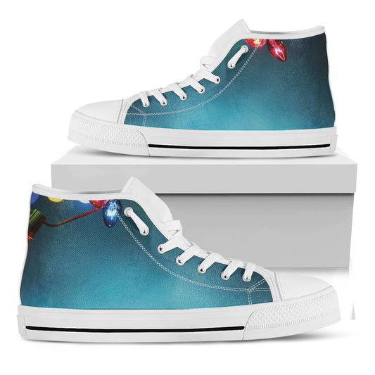 LED Christmas String Lights Print White High Top Shoes