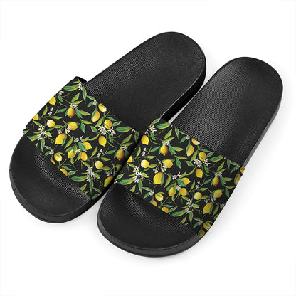 Lemon And Flower Pattern Print Black Slide Sandals