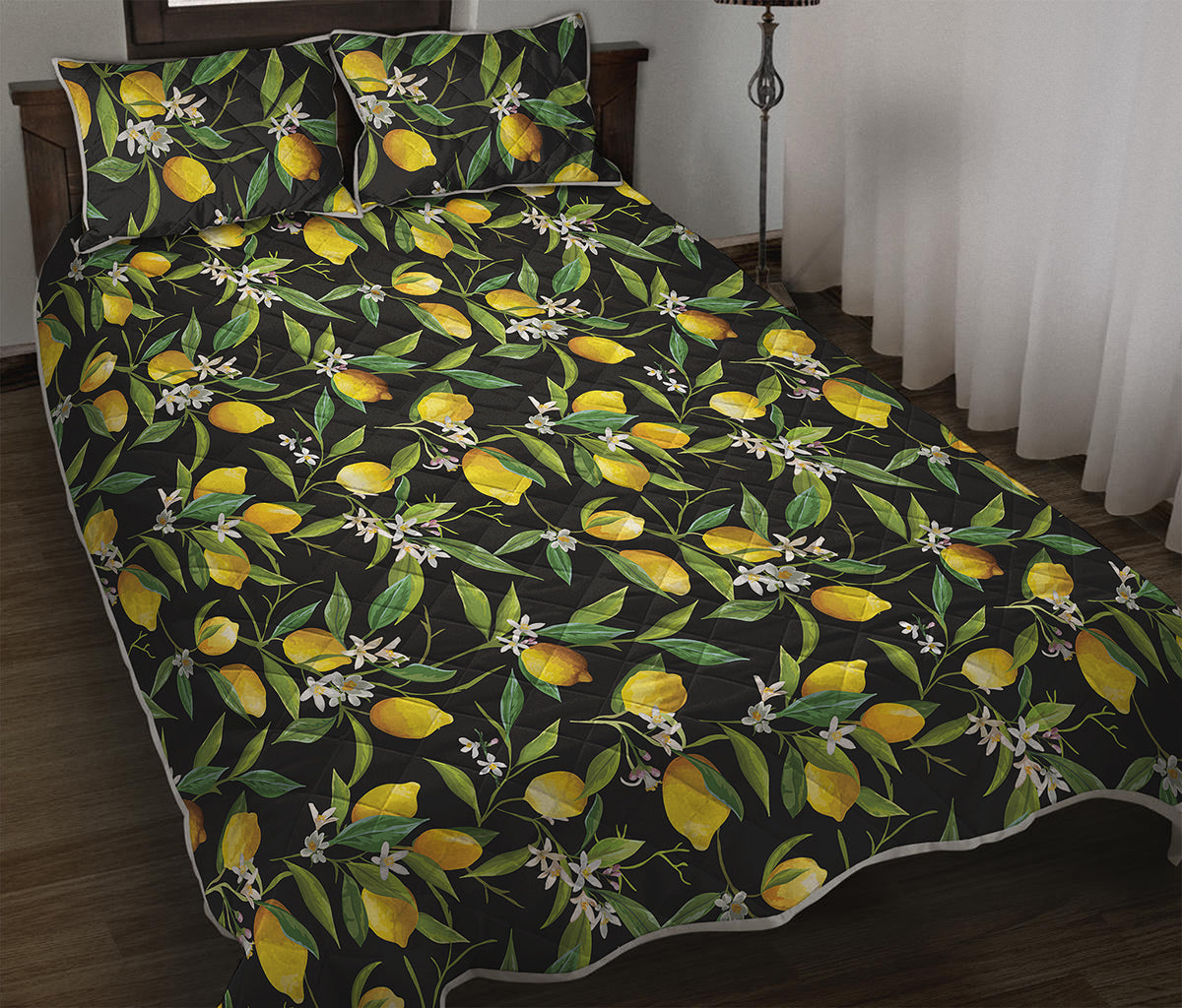 Lemon And Flower Pattern Print Quilt Bed Set