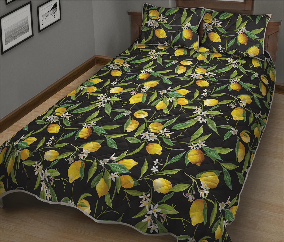 Lemon And Flower Pattern Print Quilt Bed Set