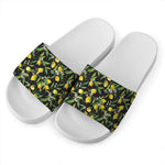 Lemon And Flower Pattern Print White Slide Sandals