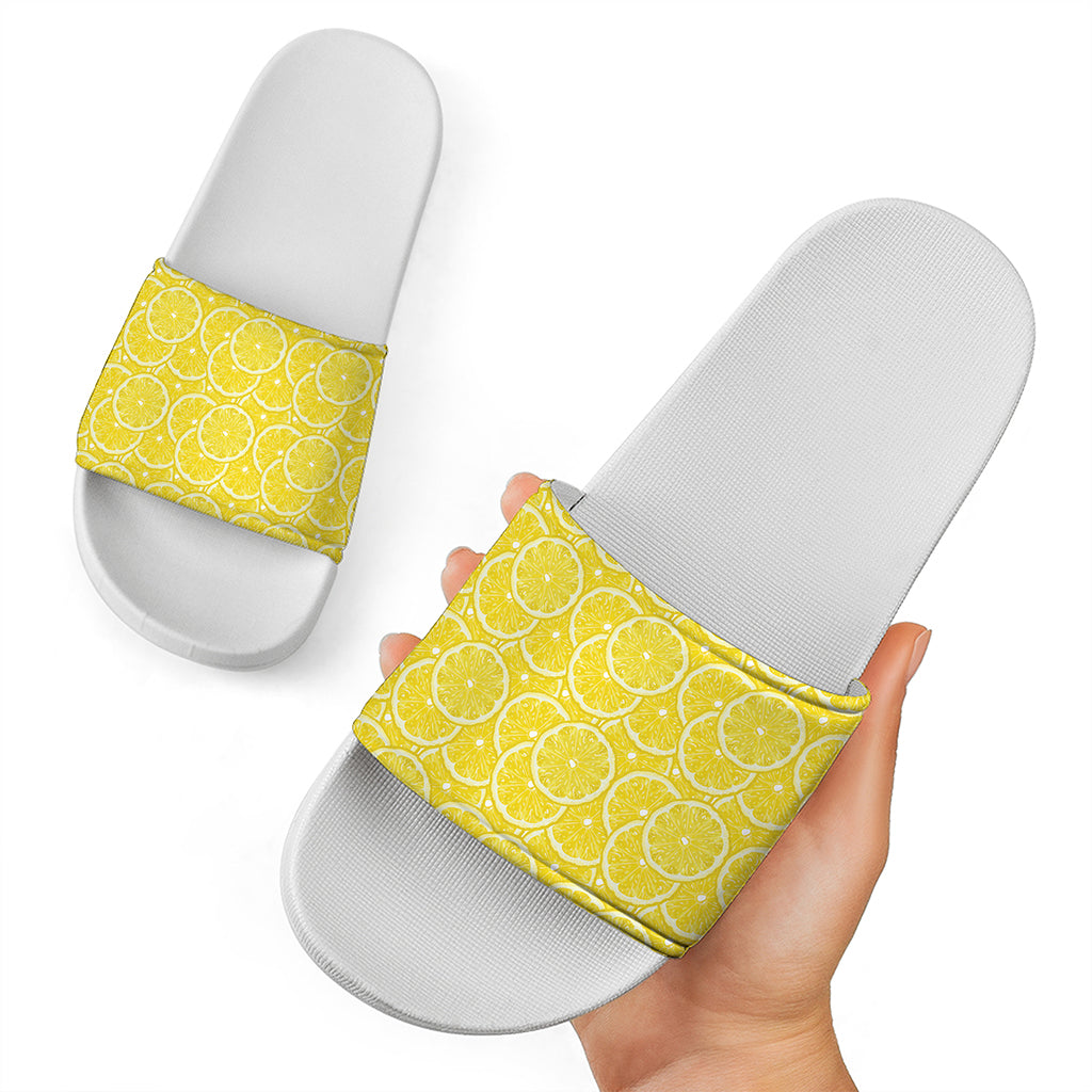 Lemon Slices Pattern Print White Slide Sandals