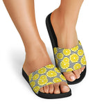 Lemon Striped Pattern Print Black Slide Sandals