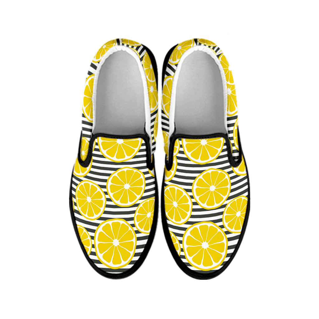 Lemon Striped Pattern Print Black Slip On Shoes