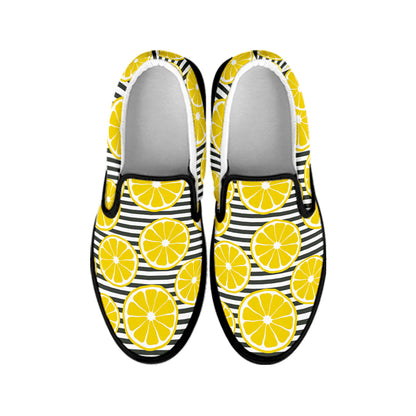Lemon Striped Pattern Print Black Slip On Shoes