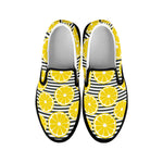 Lemon Striped Pattern Print Black Slip On Shoes