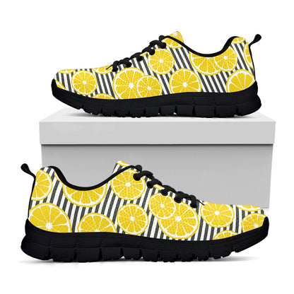 Lemon Striped Pattern Print Black Sneakers