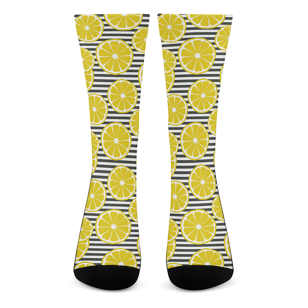 Lemon Striped Pattern Print Crew Socks