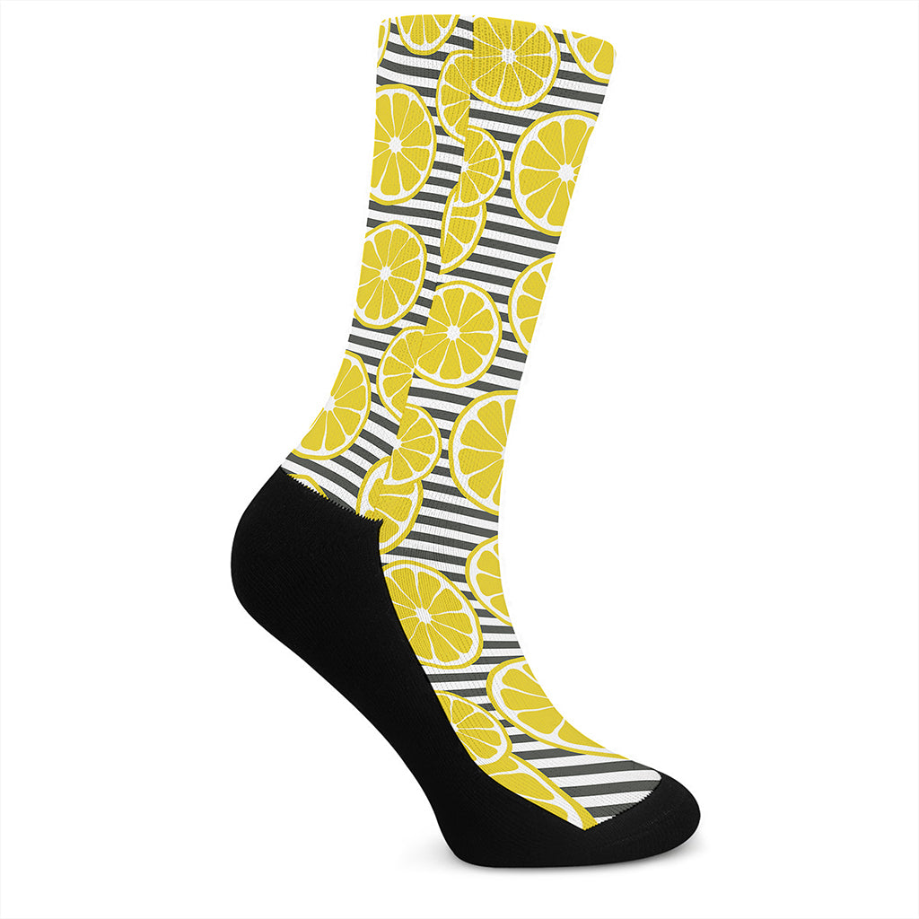 Lemon Striped Pattern Print Crew Socks