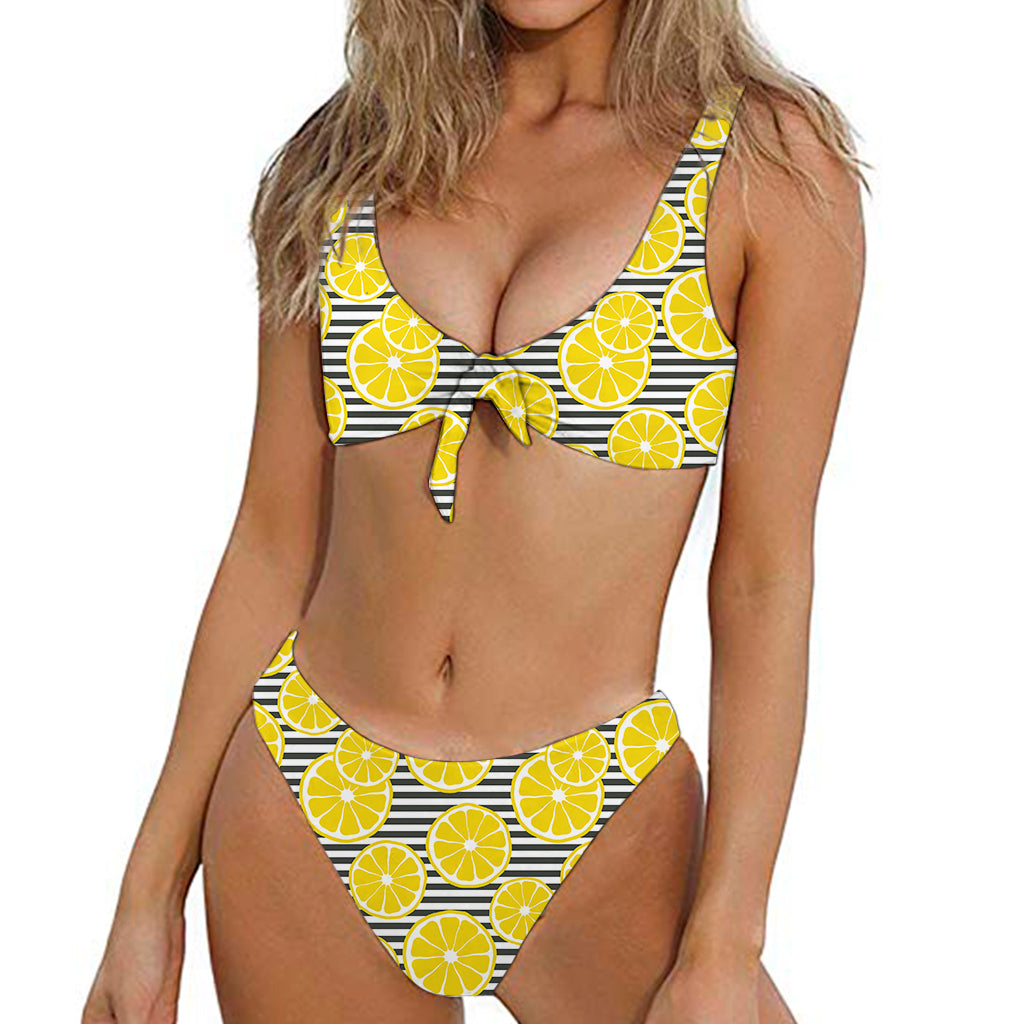 Lemon Striped Pattern Print Front Bow Tie Bikini