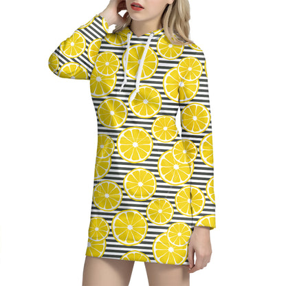 Lemon Striped Pattern Print Hoodie Dress