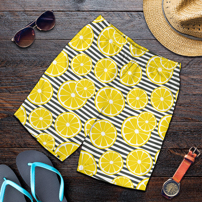 Lemon Striped Pattern Print Men's Shorts