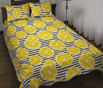 Lemon Striped Pattern Print Quilt Bed Set