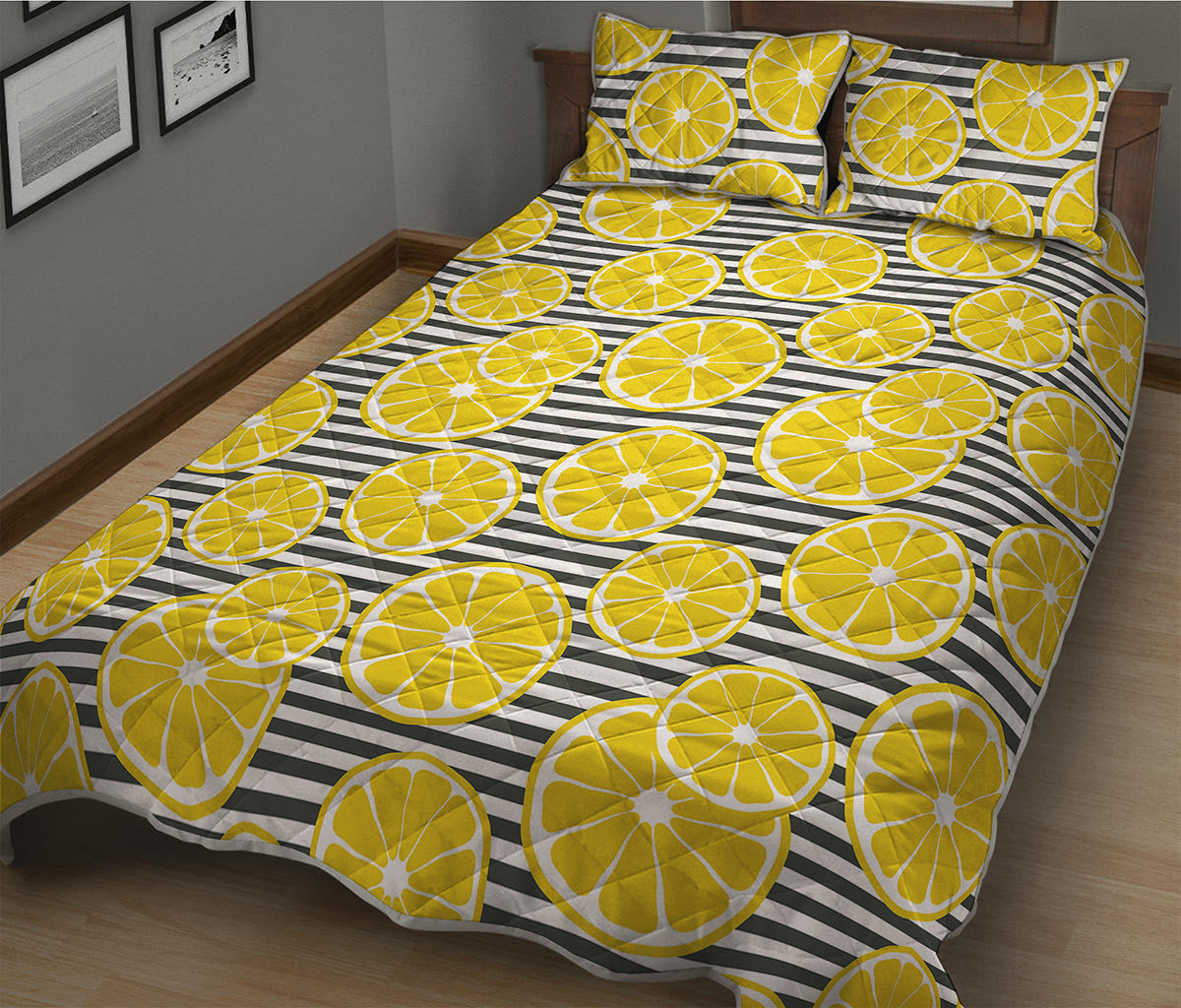 Lemon Striped Pattern Print Quilt Bed Set