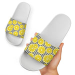 Lemon Striped Pattern Print White Slide Sandals