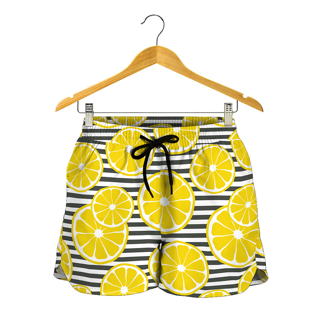 Lemon Striped Pattern Print Women's Shorts